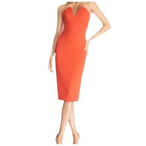 Dress the Population Midi Dress Womens S Orange Strapless Sheath Cocktail Party